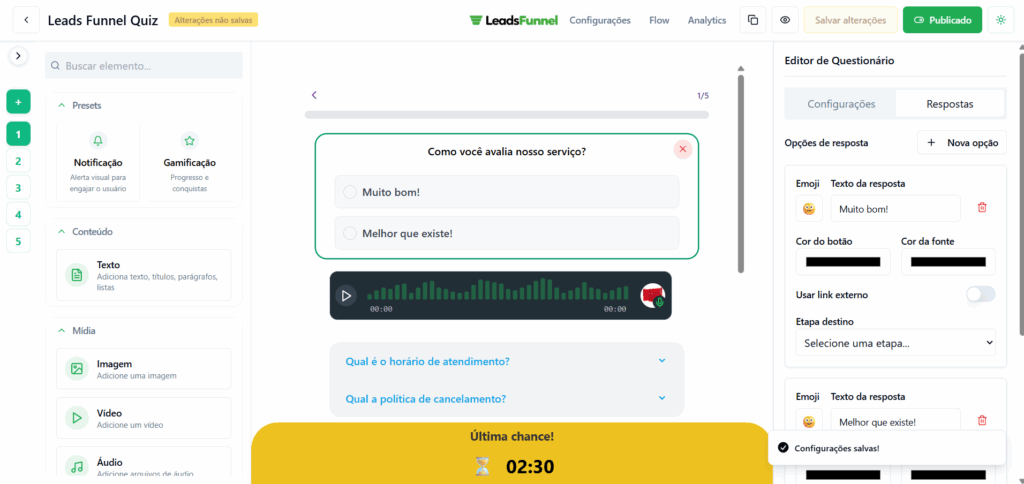 Tela de edição de quiz leads funnel